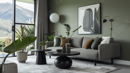 Living room with green background, interior in stylish modern style, designed with grey sofa, wooden coffee table. Comfortable apartment Living room with beautiful mountain views. home decoration