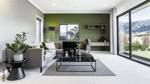 Living room with green background, interior in stylish modern style, designed with grey sofa, iron coffee table. Comfortable house Living room with beautiful mountain views. home decoration
