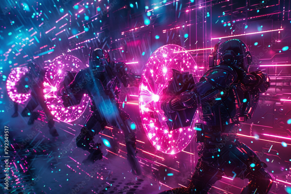 Cyber knights wielding encryption shields battling dark malware forces in a neon lit digital realm Cyber knights wielding encryption shields battling dark malware forces in a neon lit digital realm