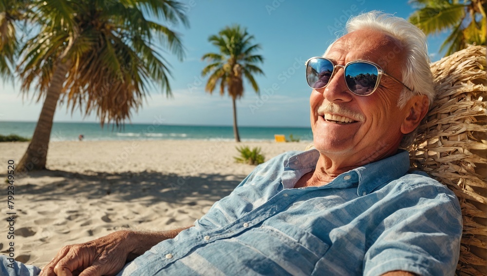 Happy senior man relaxing on the beach near the ocean or sea near palm trees. Tourism.
