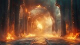 ancient classic architecture stone arches with flames,art image