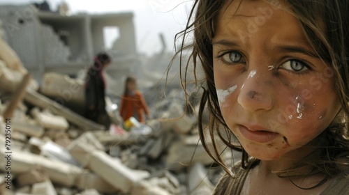 Closeup of a young girls face tears streaming down her as she stands amidst the rubble of her home. The devastation caused by war has left her and many other children with nowhere . photo