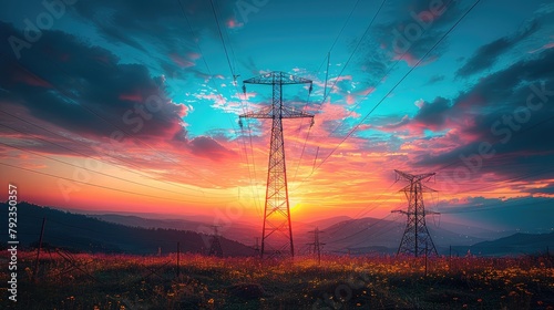 silhouette of high voltage electric tower on sunset time background,art illustration #792350357