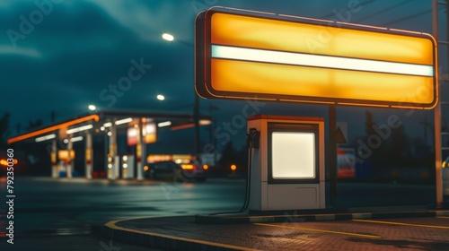 Blank mockup of a gas station sign with LED lighting for energy efficiency. .