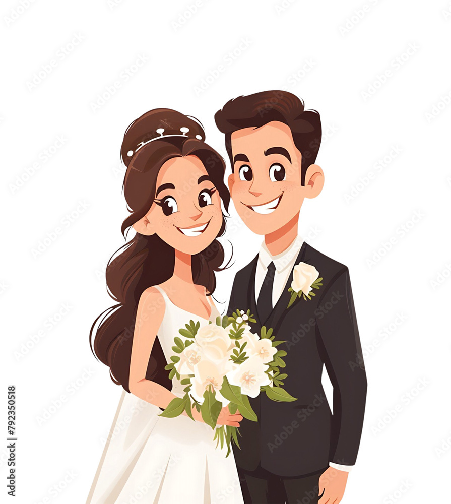 Cartoon bride and groom smiling in wedding attire, with bouquet, vector clipart. Generative AI Cartoon bride and groom smiling in wedding attire, with bouquet, vector clipart. Generative AI