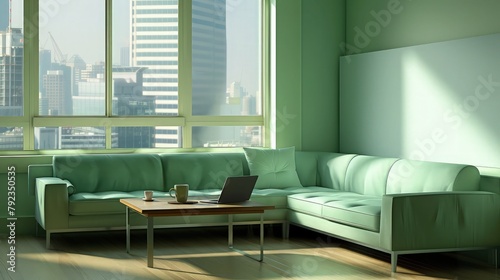 A cozy modern living room featuring a sleek mint green sofa  a geometric coffee table 