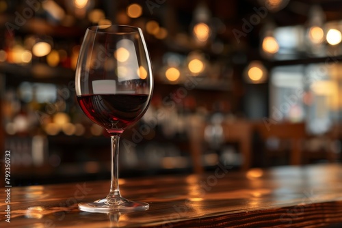 Crystal clear wine glass filled with dark sherry wine on wood bar counter with blurry restaurant background photo