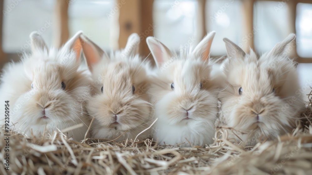 Angora rabbits on a soft bed of hay, display of ultra-soft angora wool products - obrazy, fototapety, plakaty 