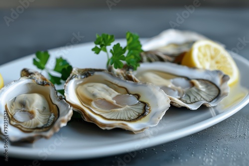 Delicious and nutritious oysters on a white plate with a dark background