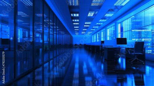A contemporary office space illuminated by blue lighting with a view of the city skyline at night. © tashechka