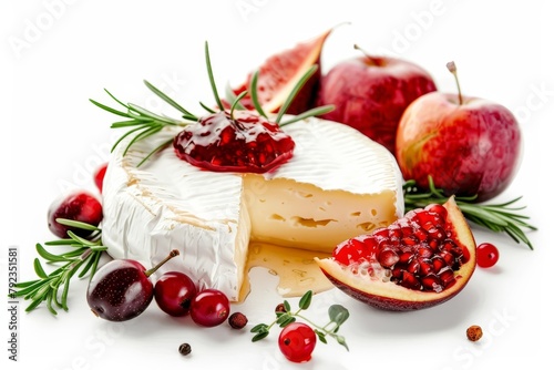 Delicious baked brie with rosemary fruit jam on white background