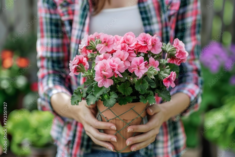 Woman Holding Blooming Pink Geranium Plant at a Flower Greenhouse During Springtime