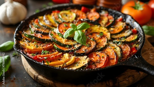 Classic vegetable ratatouille in cast iron pan on rustic kitchen table. Concept Food Photography, Cooking Inspiration, Home Chef, Healthy Eating, Recipe Sharing photo