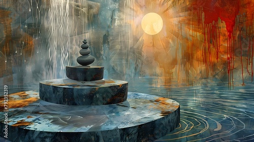 magical zen garden and waterfalls abstract illustration poster background