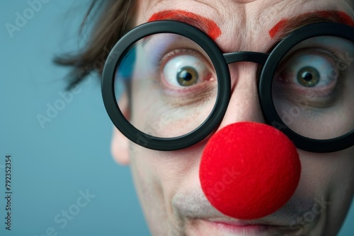 Funny nerd with red foam clown nose and dorky glasses