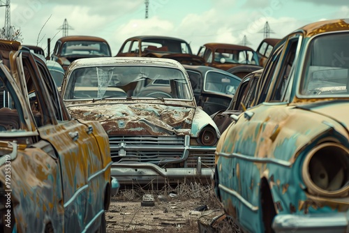Many wrecked cars in junkyard photo