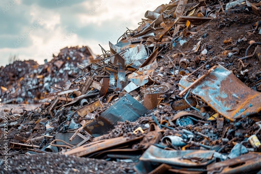 Naklejka premium Metal scrap recycling facility Ecological factory for recycling scrap metal waste in the environment