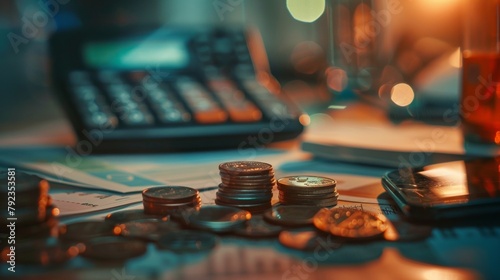 A beautiful defocused background with muted colors featuring a mix of ledgers calculators and coins in a blurry composition. The image captures the essence of budgeting with every . photo