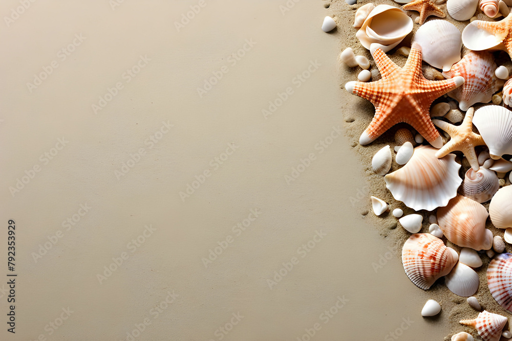 beautiful sea shells on the seashore with room for a product or advertising text. seashells and starfish beautiful sea shells on the seashore with room for a product or advertising text. seashells and starfish