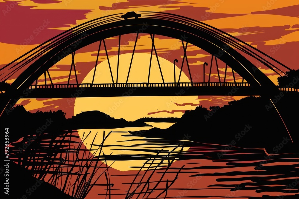 Obraz premium Cartoon cute doodles of a bridge spanning a river, with the arches and cables forming striking silhouettes against the backdrop of the setting sun, Generative AI