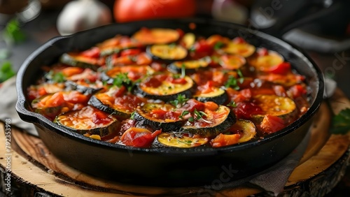 Ratatouille in a Cast Iron Pan: A Classic French Dish on a Rustic Kitchen Table. Concept French Cuisine, Cast Iron Cookware, Rustic Home Decor, Food Photography, Vegetarian Recipes