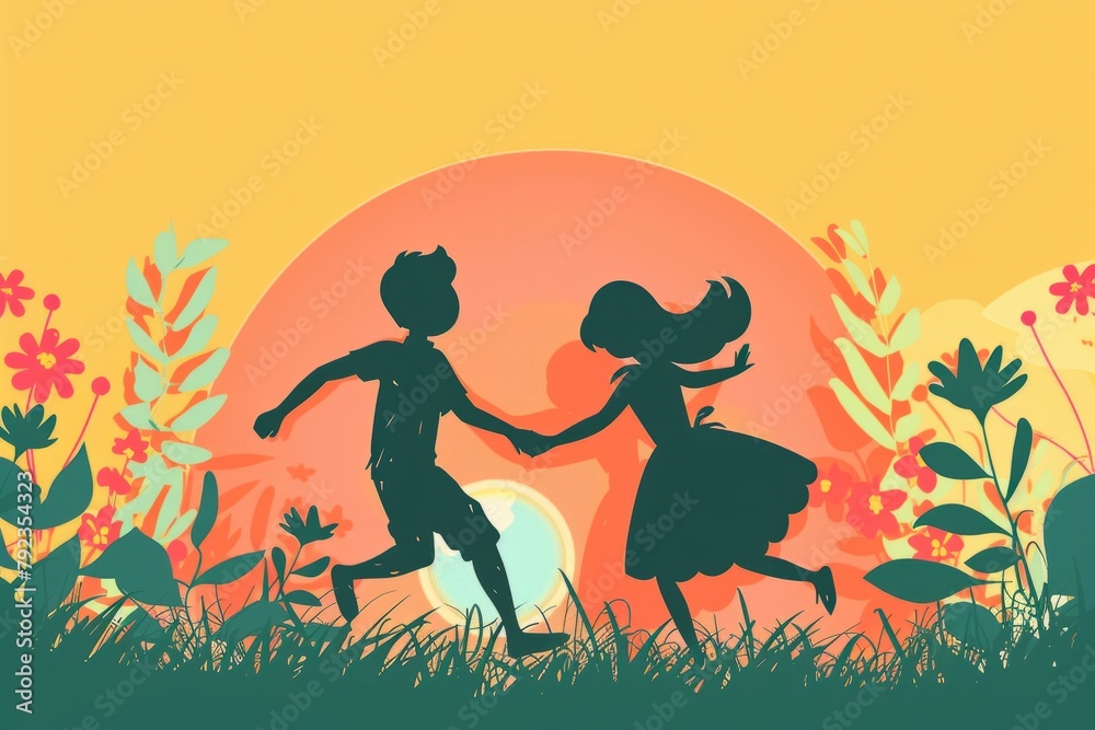 Cartoon cute doodles of a couple dancing in a meadow, with the sun setting behind them and casting their dancing shadows on the grass, Generative AI
