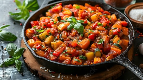 Authentic vegetable ratatouille prepared in a cast iron pan on a rustic kitchen table. Concept Vegetarian Cooking, Plant-based Recipes, Home Cooking, French Cuisine, Rustic Kitchen Decor,