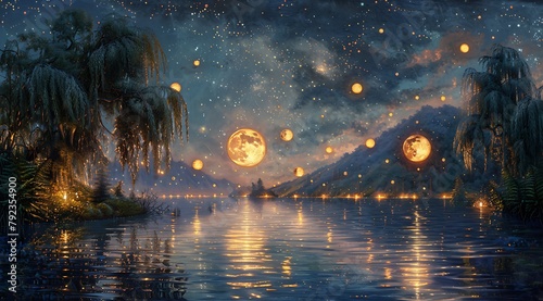 Moonlit River Melody: Oil Painting of Nocturnal Scene with Reflective Water and Ethereal Orbs