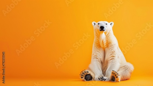 Image reflecting the problem of global warming. A warming polar bear sitting on the ground.