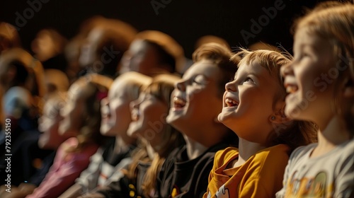 Side view of a children audience enjoying a kids concert or movie with happy smiling faces