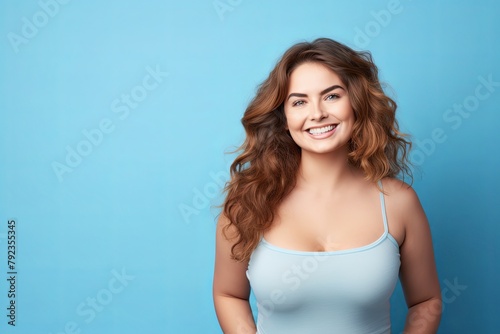 smiling curvy woman looking at camera, standing against blue background, chubby, overweight 