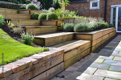New garden steps leading to raised patio beside raised flowerbed with wooden sleepers Bricks separate turf
