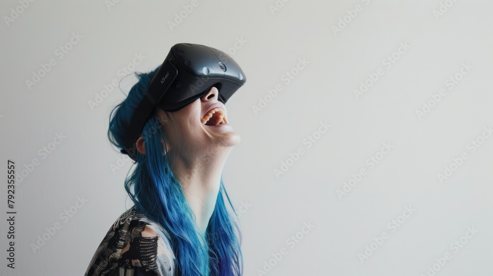 Young woman wearing vr glasses into virtual simulation world. Digital cyberspace. Virtual World, future technology concept Young woman wearing vr glasses into virtual simulation world. Digital cyberspace. Virtual World, future technology concept