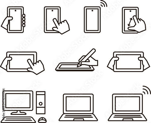 スマホ、パソコン、タブレット、いろいろなデバイス端末のイラストセット