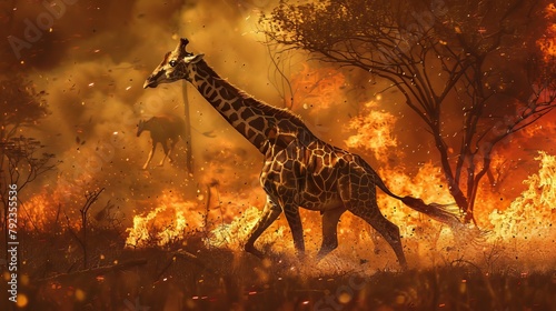 Giraffe Run From Fire in Savanna