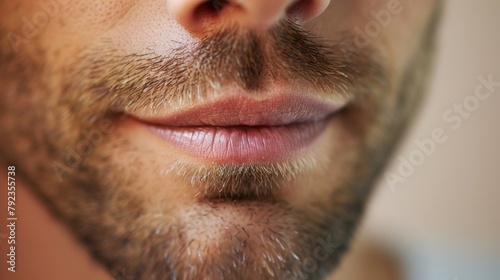 A mans face turns from irritation to amut his lips curling into a small smile. . photo