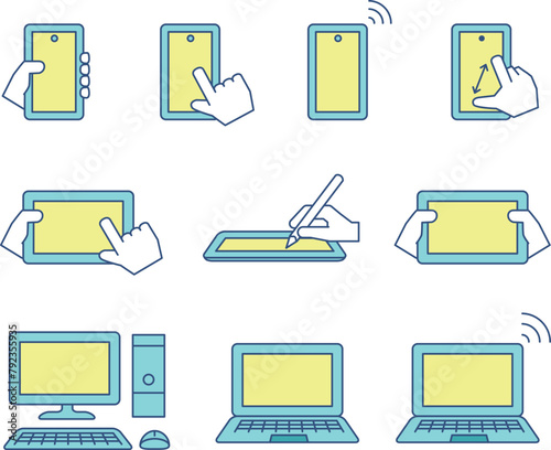 スマホ、パソコン、タブレット、いろいろなデバイス端末のイラストセット