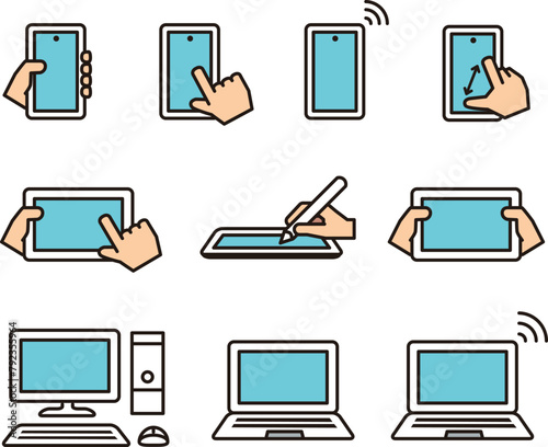 スマホ、パソコン、タブレット、いろいろなデバイス端末のイラストセット