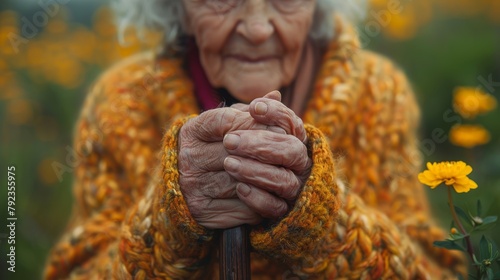 Close-up image of an elderly woman grasping her walking cane tightly, adorned in a vibrant orange cardigan among blooming yellow flowers, conveying a sense of tranquility and the quiet strength of age