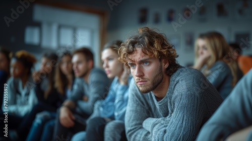 Young man appears visibly devastated and contemplative among a group of indifferent people in a dimly lit room.