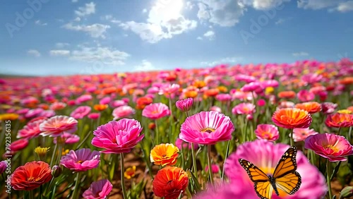 Summer landscape Flower field under blue sky. seamless looping 4k time-lapse animation video background photo