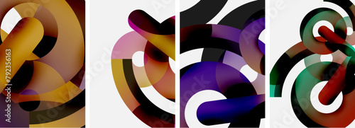 A vibrant collage featuring four colorful circles in shades of purple, violet, magenta, and electric blue on a white background. A dynamic display of art and graphics in a modern pattern