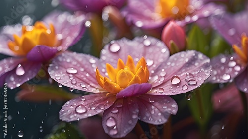 water drops on flower, "Close-up photograph capturing raindrops on vibrant spring flowers, with each droplet refracting light. Type of Image: Photograph. Subject Description: Raindrops on spring flow