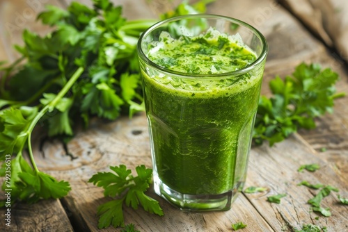 Parsley green smoothie on wood surface