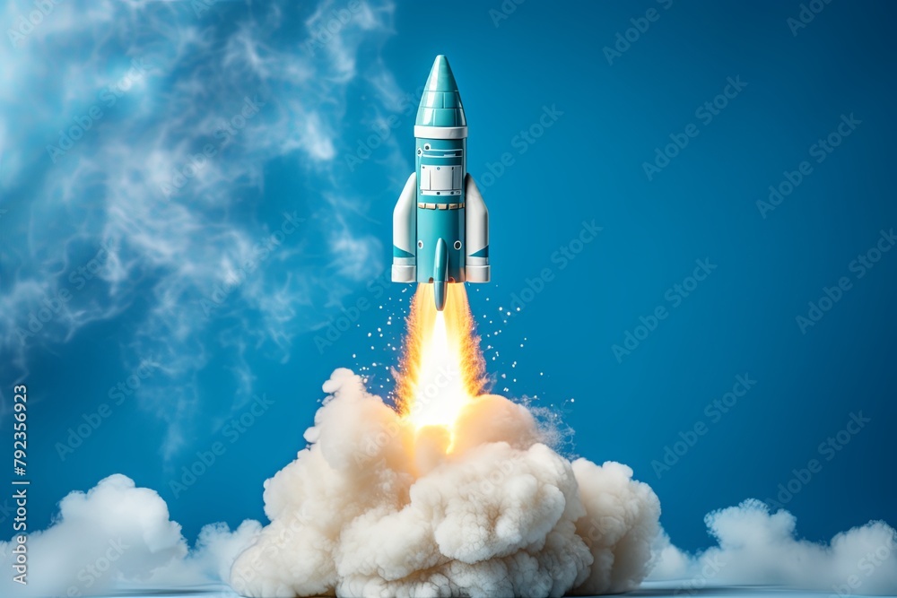 Toy rocket takes spewing smoke on a blue background the symbol for success is startup education and knowledge 