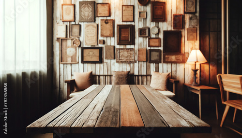 Vintage wooden boards arranged in a charmingly haphazard way create a unique and nostalgic wall decoration for cafes, restaurants, or homes