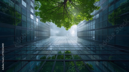Environmentally friendly buildings in modern cities Sustainable glass office building with trees reduces heat and carbon dioxide. #792356981