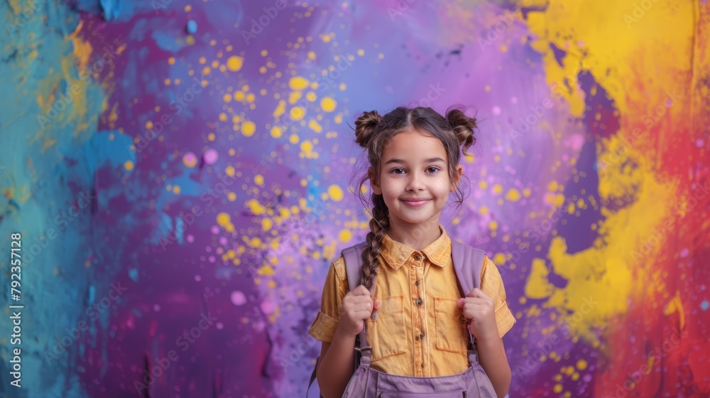 Fototapeta premium Bright-eyed girl in school uniform expresses joy with thumbs up, set against a vibrant, abstract painted background.