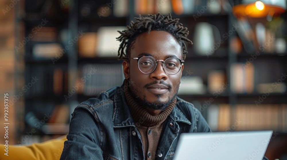 Fototapeta premium Pprofessional African-American male wearing glasses works intently on a laptop, seated in a cozy, modern library setting surrounded by books.