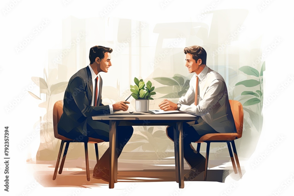 Two business people sit at desk discuss project details